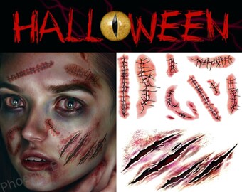Halloween Zombie Scars Temporary Tattoos Fake Blood Scab Scar Wound Costume Make-Up Kit UK