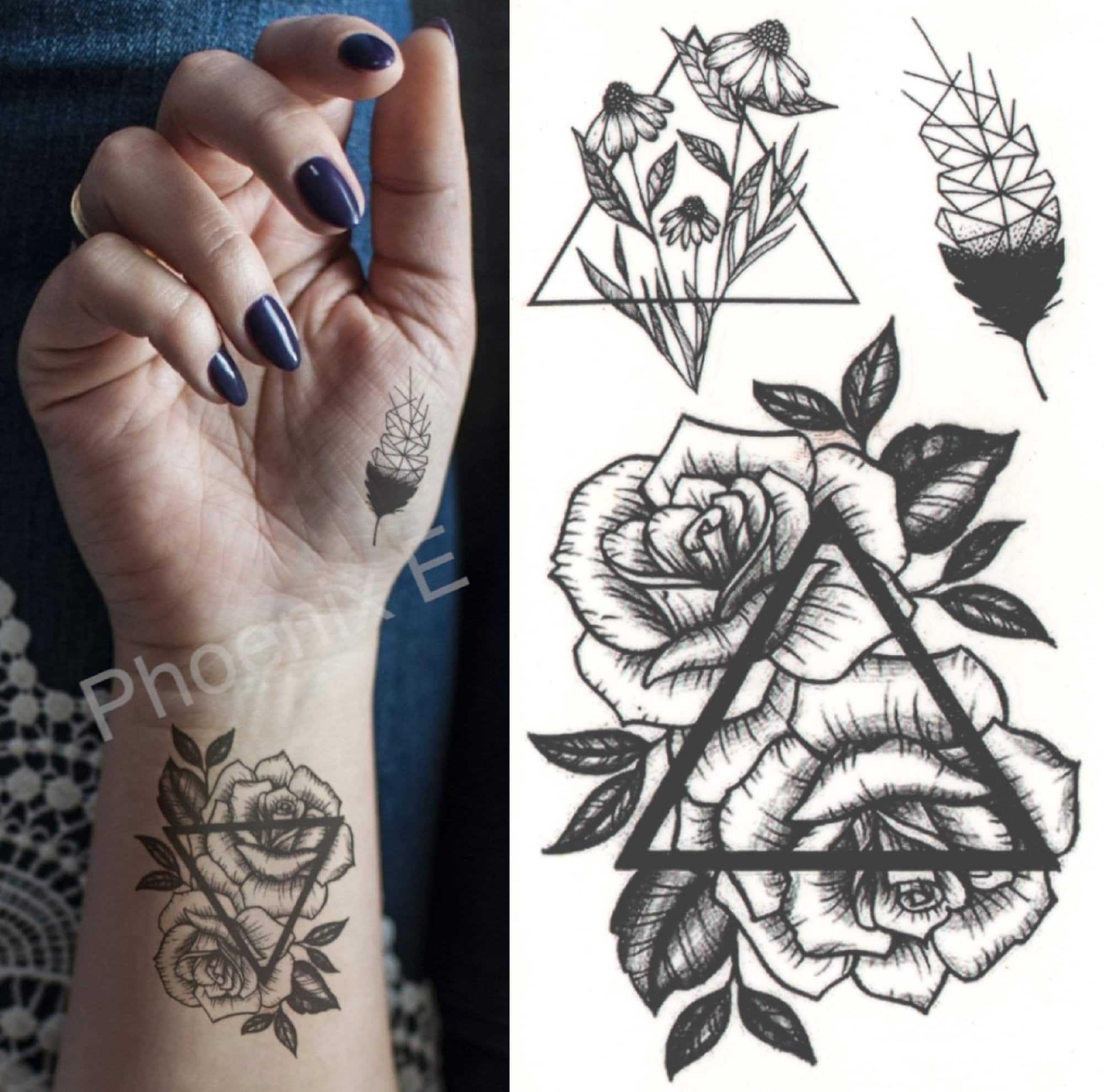 Temporary Tattoo Black Rose Triangle Fake Body Art Sticker - Etsy Israel