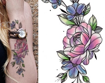 Temporary Tattoo Pastel Sketch Rose Flower Fake Body Art Sticker Waterproof