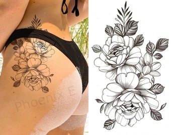 Temporary Tattoo Large Grey Peony Flower Fake Body Art Sticker Waterproof