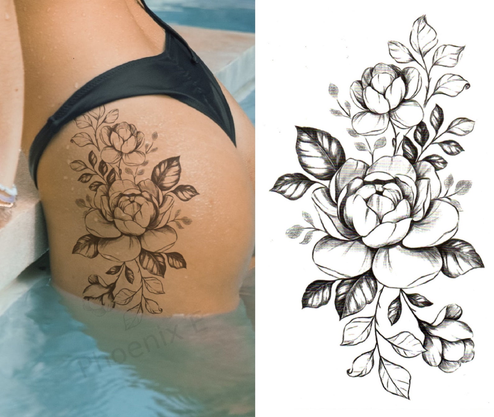 Temporary Tattoo Large Rose Flower Sketch