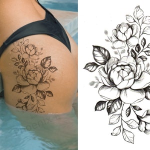 Temporary Tattoo Large Rose Flower Sketch Fake Body Art Sticker Waterproof