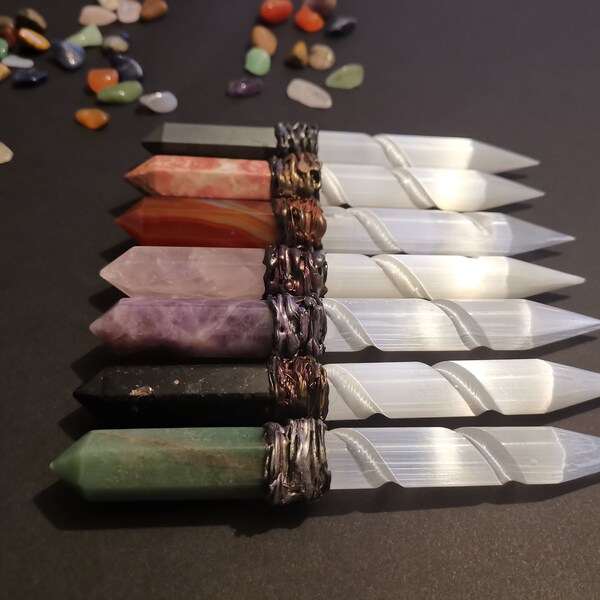 Crystal Athame/Wand. Espiral de selenita. Altar o Pieza Ceremonial. Alrededor de 16cm.