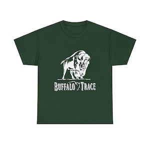 May include: A dark green t-shirt featuring a white silhouette of a buffalo and the text "Buffalo Trace" printed on the front.