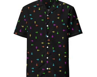 Camicia hawaiana nera con stampa di bottiglia di bourbon / Camicia con bottoni e stampa di whisky al neon