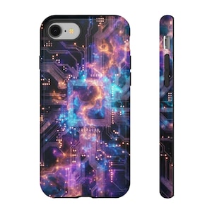 May include: A black smartphone case featuring a vibrant, colorful design reminiscent of a circuit board and a nebula. The design incorporates shades of blue, purple, and orange, creating a futuristic and tech-inspired aesthetic.
