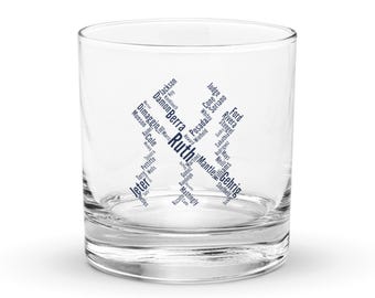 Yankees Legends Word Cloud Rocks Glass | Whiskey Cocktail Barware (10.5 oz)