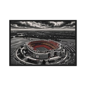 May include: A framed aerial view of a large stadium featuring a vibrant red seating bowl contrasted against a black and white landscape. The structure is surrounded by parking lots and dense forest under a dramatic, cloudy sky in a wide perspective.