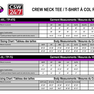 May include: A sizing chart for crew neck t-shirts featuring tables for adult and youth garment and body measurements in inches. The chart includes headers for size, chest, back body length, and sleeve length, with logos for Casual-T's and CSW 24/7.