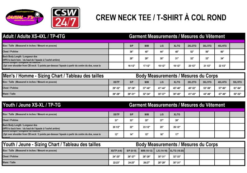 May include: A sizing chart for crew neck t-shirts featuring tables for adult and youth garment and body measurements in inches. The chart includes headers for size, chest, back body length, and sleeve length, with logos for Casual-T's and CSW 24/7.