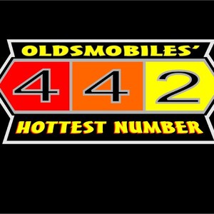 May include: A rectangular graphic design on a black background featuring the text OLDSMOBILES' in yellow letters above three colored panels. The panels contain the black numbers 4, 4, and 2. Below, the text HOTTEST NUMBER appears in yellow.