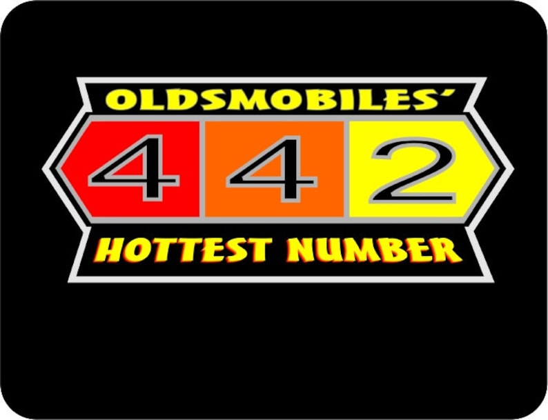 May include: A rectangular graphic design on a black background featuring the text OLDSMOBILES' in yellow letters above three colored panels. The panels contain the black numbers 4, 4, and 2. Below, the text HOTTEST NUMBER appears in yellow.