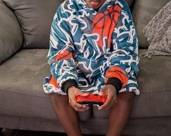 Basketball Blanket Hoodie | Warm Furry Oversized Hoodie - Cozy Wearable Blanket for Game Nights & Relaxing "Chill" Blue by Duntalk