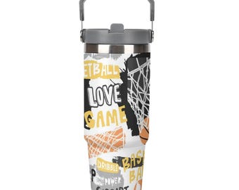 Basketball Tumbler 30oz – Durable Sports Water Bottle w/ Handle for Practice, Tournaments + Home, Hooper Gift for Kids & Teens -Reset