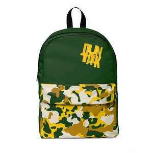 May include: A green backpack with a camouflage pattern on the bottom half. The top half is solid green with the words "DUN TALK" in yellow letters.