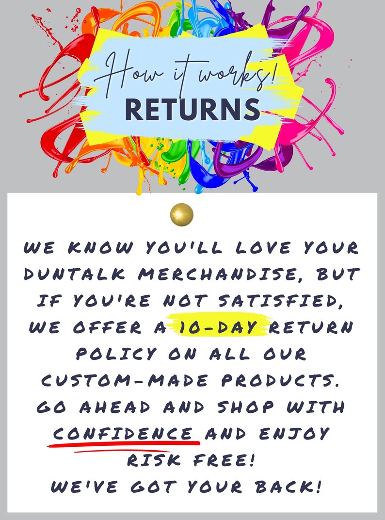 May include: Image with text that reads "How it works! RETURNS". The text below states the return policy: "We offer a 10-day return policy on all our custom-made products. Shop with confidence and enjoy risk free!"