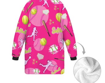 Softball Hot Pink Blanket Hoodie for Big Kids (Model H67)