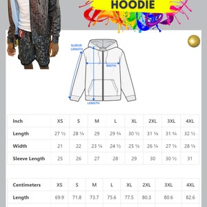 May include: Size chart for an adult zip-up hoodie in inches and centimeters. The chart shows the measurements for length, width, and sleeve length for sizes XS through 4XL.