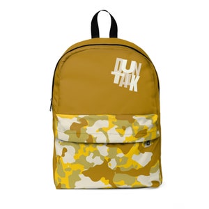 May include: A mustard yellow backpack with a camouflage pattern on the bottom half. The backpack has a white logo that says "DUN TALK" on the front.