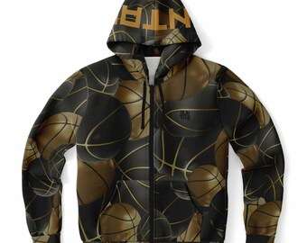 May include: A black and gold zip-up hoodie featuring an all-over print of basketballs. The garment includes a hood with drawstrings and a full-length front zipper. The text "NTA" is visible in gold lettering on the hood, and a small logo is on the chest.