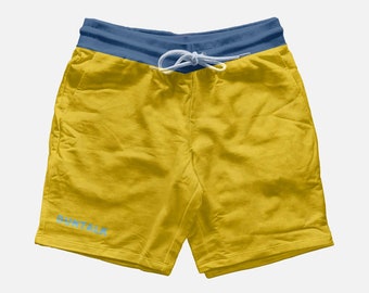 May include: Yellow shorts with a blue waistband and a white drawstring. The shorts have the word "RUNTALK" printed in light blue on the left leg. The shorts are made of a soft, comfortable material.