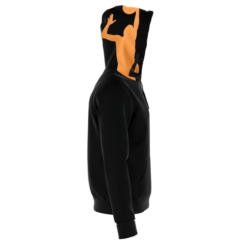May include: Black hooded sweatshirt with a zipper closure. The hood has a graphic print of an orange silhouette of a person playing basketball.