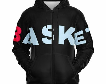 May include: Black zippered hoodie with a white and light blue "BASKET" graphic printed across the front.