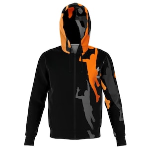 May include: Black zip-up hoodie with a pattern of orange and gray basketball player silhouettes.