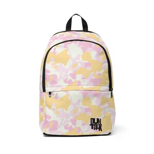 May include: A pink and yellow camouflage backpack with black straps and a black logo that says "DUN TALK".