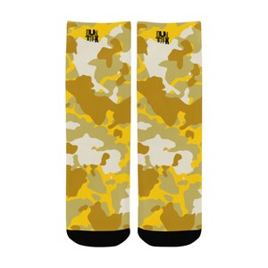 May include: A pair of yellow and brown camouflage patterned socks with black trim and the text "FUN TAK" on the top of each sock.