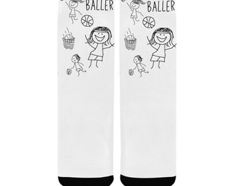 Youth Basketball Socks -Duntalk "Doodle" Child Basketball Workout Practice & Casual Team Socks, Unique Fun Sports Socks for Basketball Lover