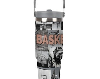 Basketball Tumbler 30oz – Durable Sports Water Bottle w/ Handle for Practice, Tournaments + Lounging, Hooper Gift for Kids & Teens  -All Net