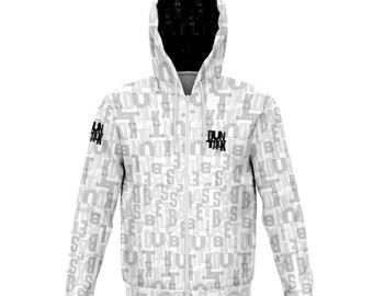 May include: White zippered hoodie with a black and white letter pattern and the text "DUN TALK" on the front.