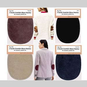 May include: A collection of suede cowhide elbow patches in various colors, including chocolate, black, sand, and dark navy. Each patch is oval-shaped with a dotted border, designed for sweaters and jackets. The text on the label reads "2 Suede Cowhide Elbow Patches".