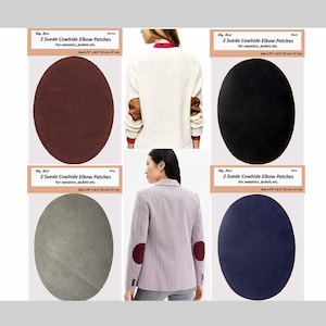 May include: An assortment of suede cowhide elbow patches in brown, black, gray, and navy. Each patch is oval-shaped and measures approximately 4.75" x 6.5" (12 cm x 17 cm). The patches are designed for sweaters, jackets, and other garments.