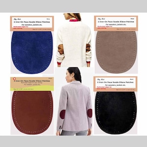 May include: A collection of faux suede elbow patches in navy, beige, brown, and black. Each patch is oval-shaped with perforated edges for easy sewing. The packaging reads "2 Iron-On Faux Suede Elbow Patches for sweaters, jackets etc." Each patch is approximately 4.75 x 3.75 inches.