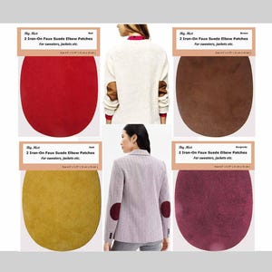 May include: An image showcasing four different colored iron-on faux suede elbow patches. The patches are red, brown, gold, and burgundy. Each patch is approximately 4.75 x 5.75 inches. The patches are for sweaters, jackets, etc.