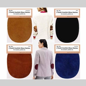 May include: A product display of suede cowhide elbow patches in various colors. The patches are in brown, black, brown, and navy blue. Each patch is approximately 4.5" x 5.75" (11 cm x 14.5 cm). The text on the label reads "2 Suede Cowhide Elbow Patches for sweaters, jackets etc."