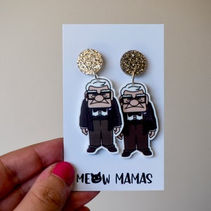 Up , grandpa , cartoon , valentines , dangle earrings , planar resin ; acrylic laser cut top