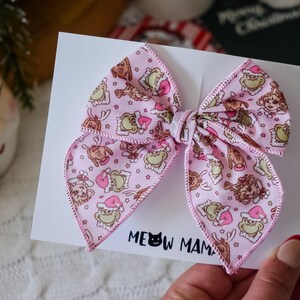 the grinch , hand tied , cotton fabric , handmade , hair bow , hair clip , Christmas toddler bow