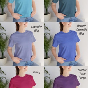 K&ouml;nnte beinhalten: Sechs T-Shirts in verschiedenen Farben, alle im gleichen Stil, mit Rundhalsausschnitt und kurzen &Auml;rmeln. Die Farben sind T&uuml;rkis, Dunkelblau, Lavendelblau, Columbia Blau, Beere und Team Lila.