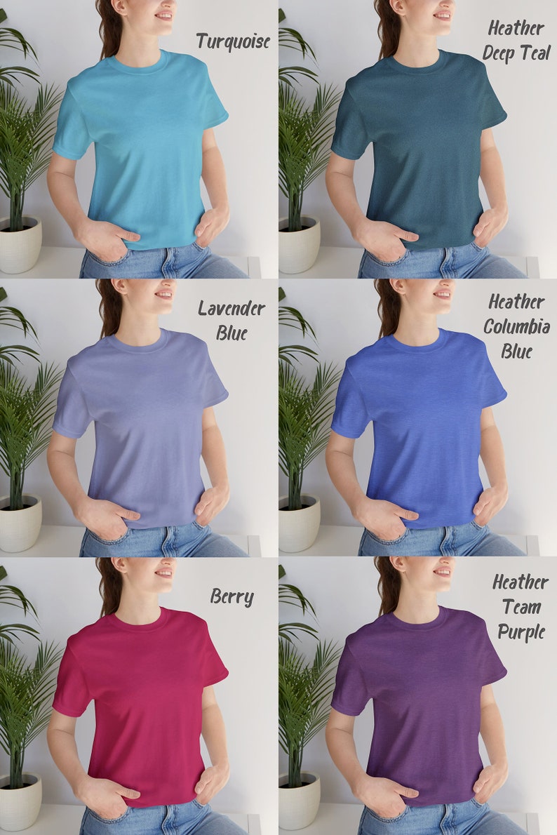 K&ouml;nnte beinhalten: Sechs T-Shirts in verschiedenen Farben, alle im gleichen Stil, mit Rundhalsausschnitt und kurzen &Auml;rmeln. Die Farben sind T&uuml;rkis, Dunkelblau, Lavendelblau, Columbia Blau, Beere und Team Lila.