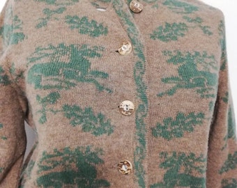 Tyrolean Merino Wool Cardigan, Green Antler Print, Austrian Style fits s size