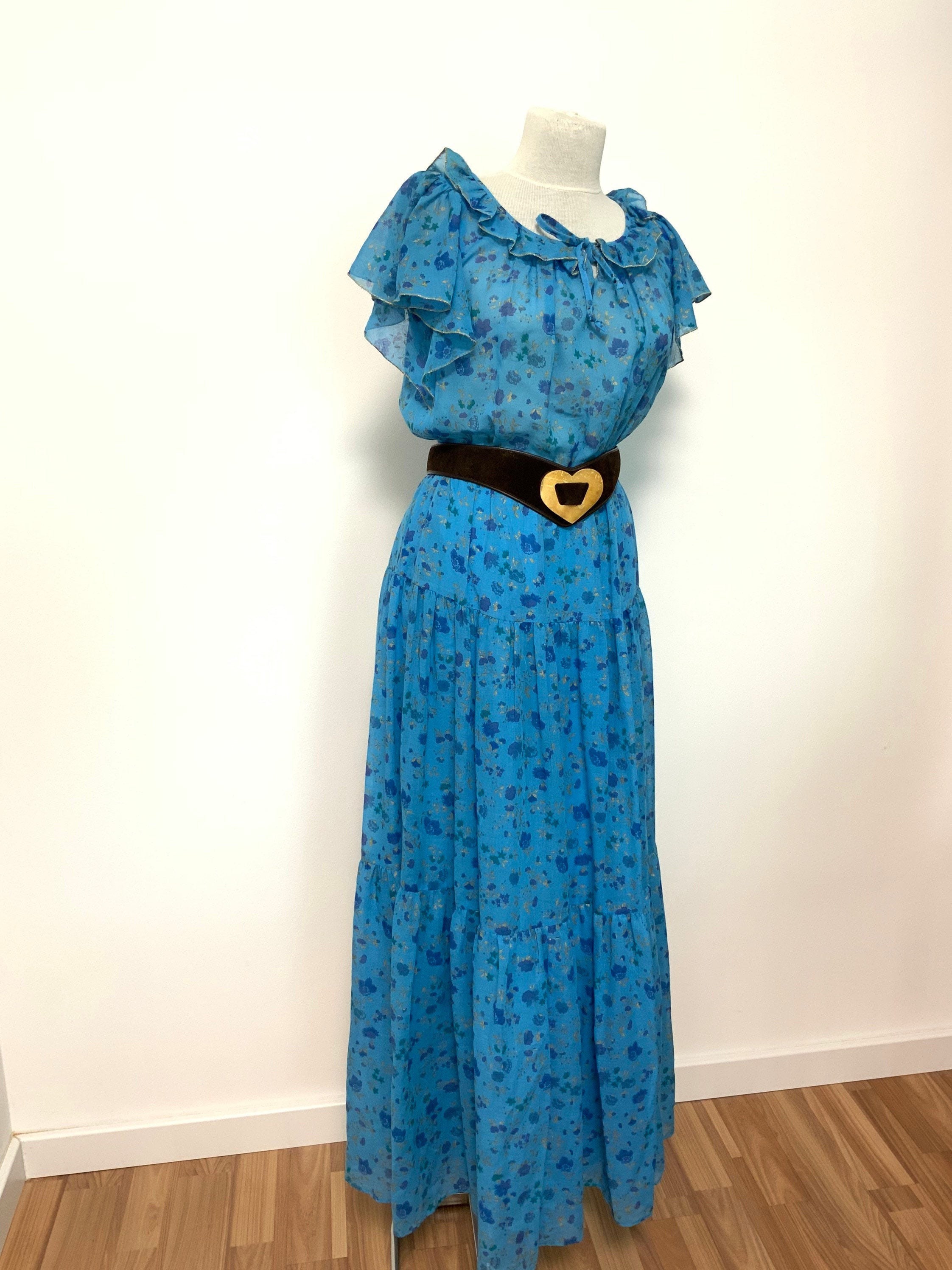 Vintage Floral Maxi Dress, Romantic Blue Print, Size S/M