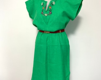 Green Linen Dress, Hand Embroidered Flowers, Retro Boho fits s/m