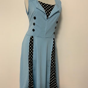 vintage 90 s  DOES 60’s dress, vintage  blue and black white dots, 90 ‘s dress, day dress , dress, VINTAGE BLUE dress, M/ L size dress,