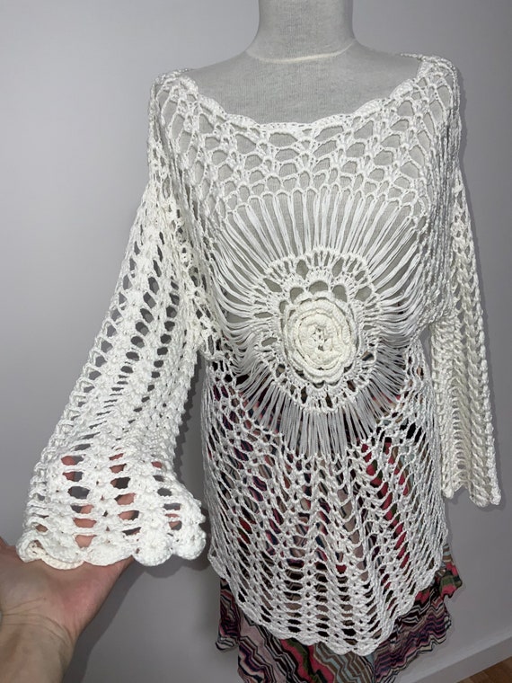 90’s cotton lace crochet sweater, white crochet j… - image 5