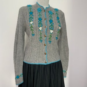 Tyrolean  sweater, wool AUSTRIAN SWEATER, Bavarian  sweater, trachten sweater, dirndl sweater, grey wool cardigan, floral embroidery, S size