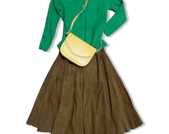 Vintage Brown Suede Leather Skirt, Midi Length