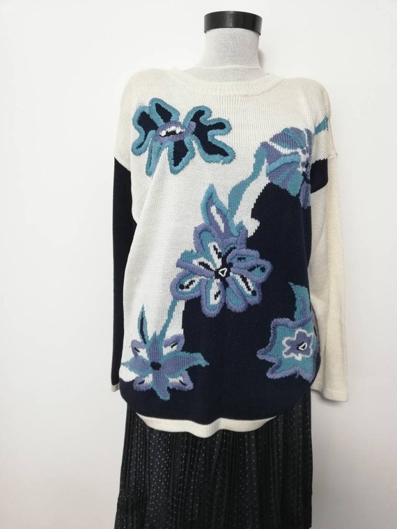 Vintage 80's knit sweater, vintage sweater, navy … - image 1